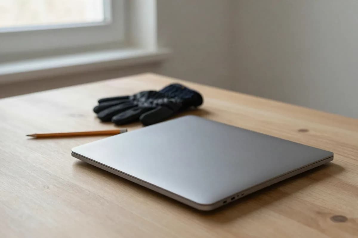 Un ordinateur portable posé sur une table en bois, écran éteint.